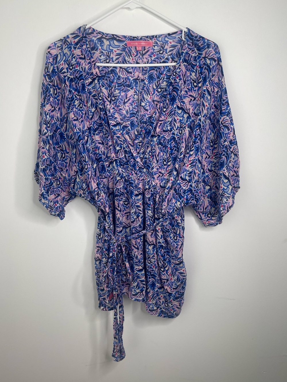 Simply Southern Blue-Pink Floral Tie-Waist Blouse S-M